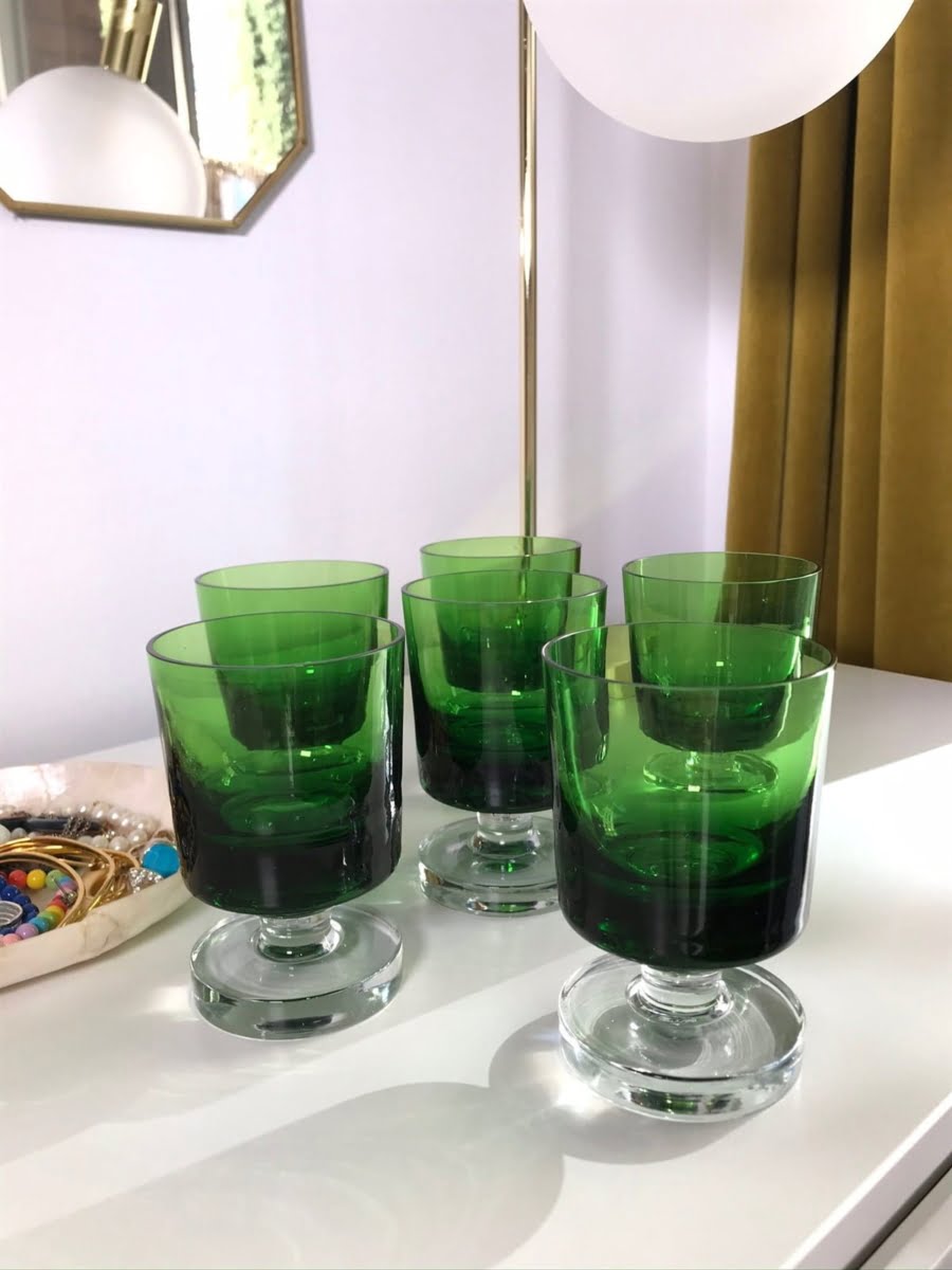 Set of 6 vintage green crystal glasses