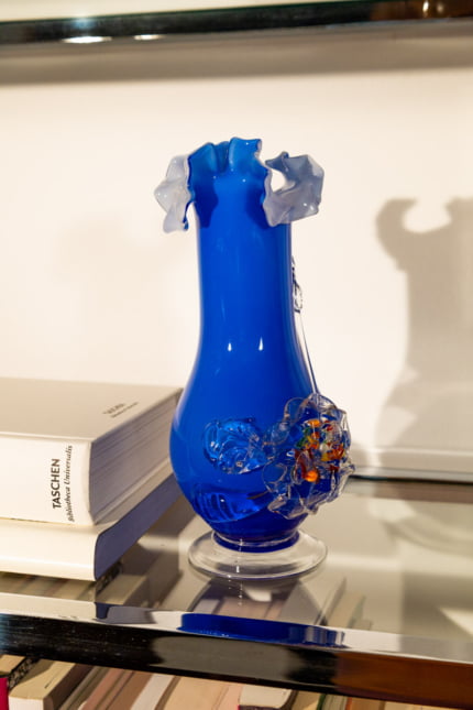 Vintage ruffled navy blue art glass vase