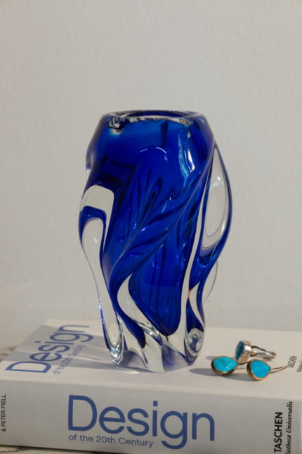 Vintage Bohemian glass twist cobalt blue vase