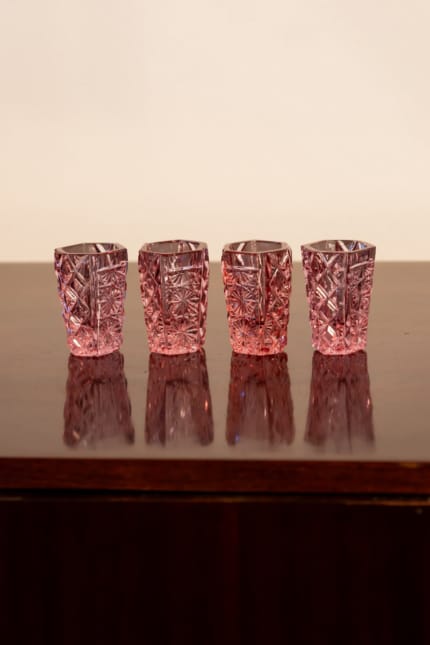 Vintage Bohemian pink shot glasses, set of four